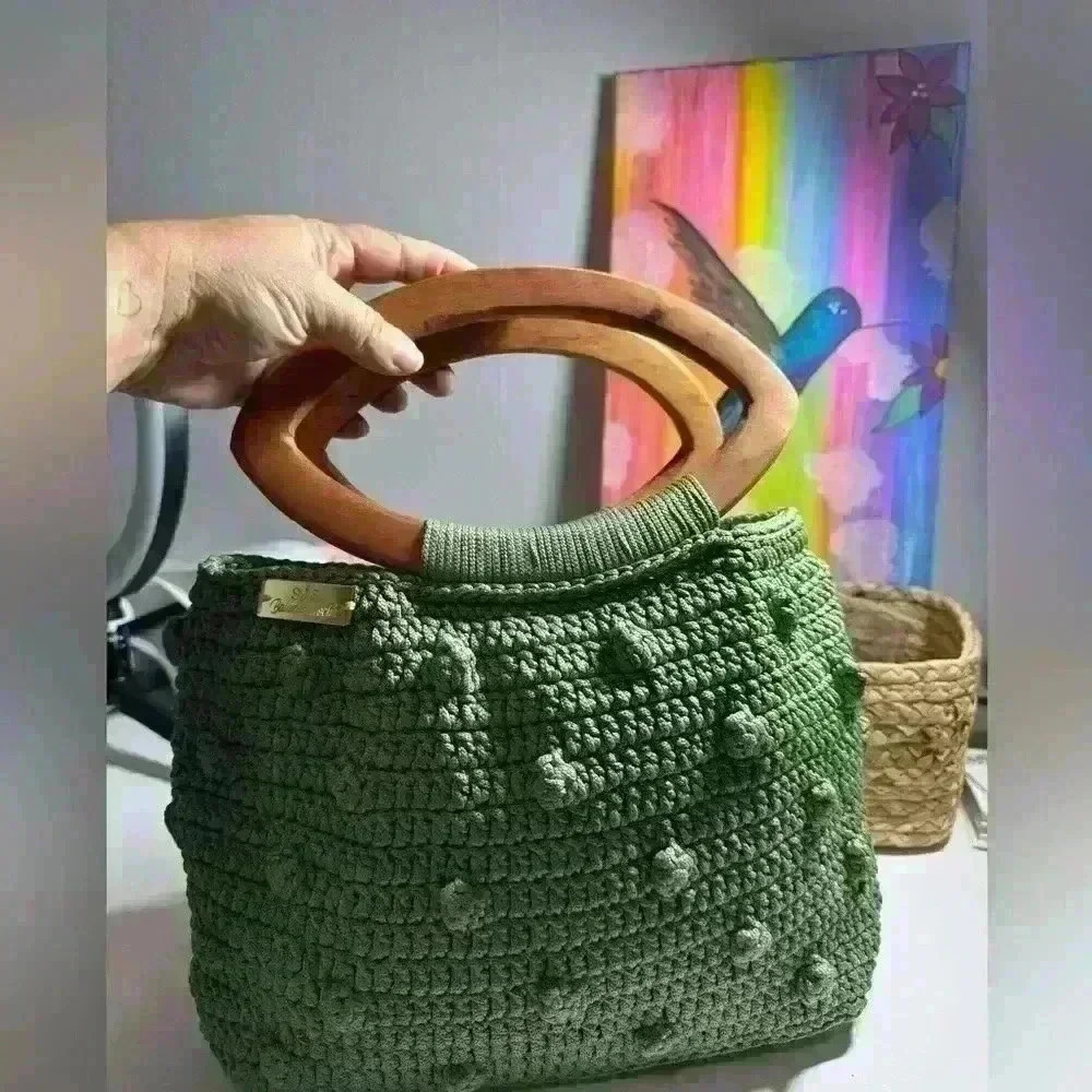 NEW! Handmade crochet bag with wood handle